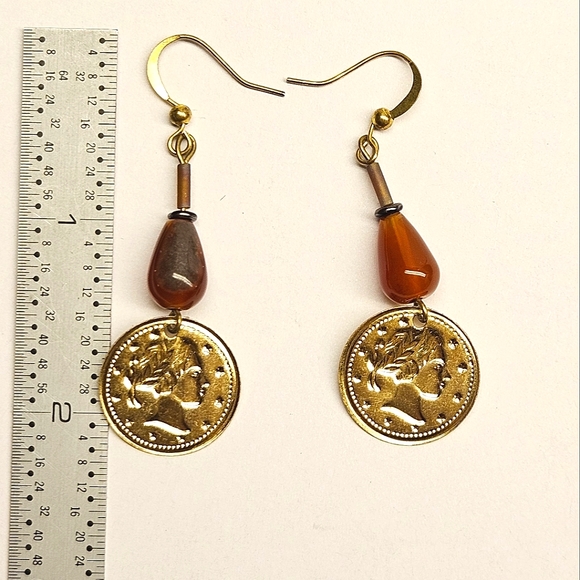 Red Agate Gold Coin Beaded Earrings - Picture 6 of 6